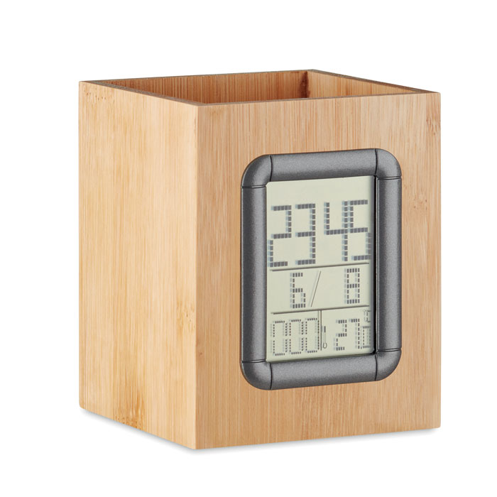 MANILA – Bamboo pen holder with calendar and alarm clock